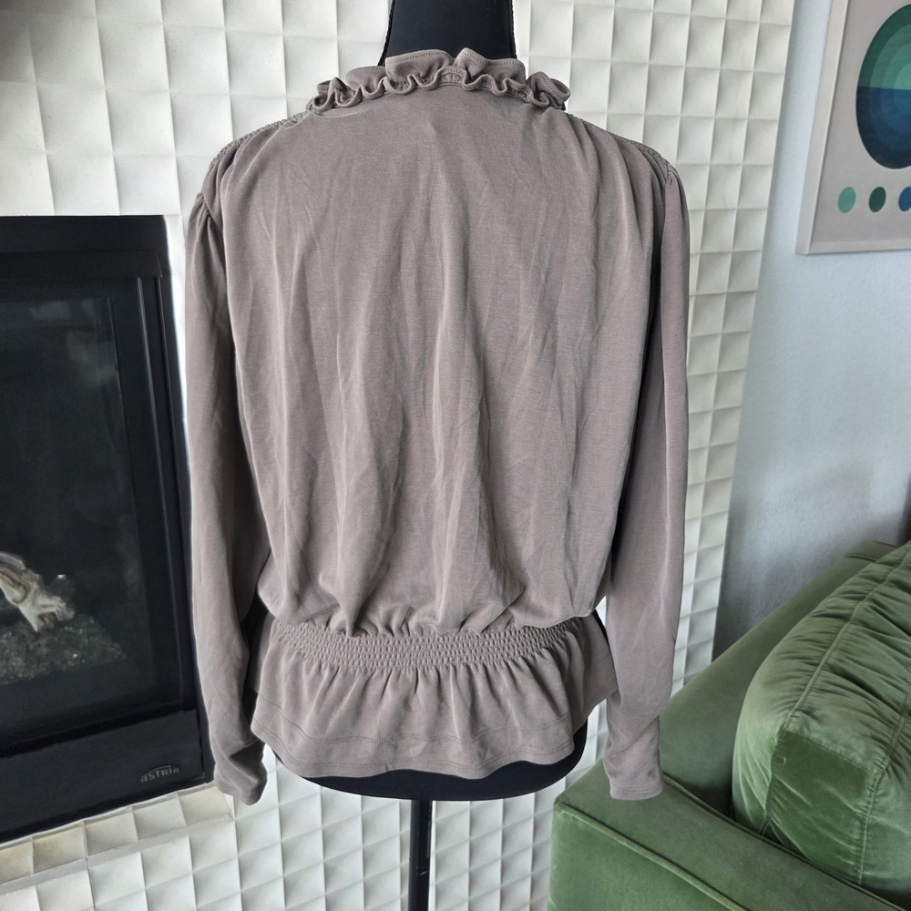 Elie Tahari Peplum Blouse Top with Tie Neck Ruffle Detail in Taupe Mocha, Medium - Picture 8 of 13